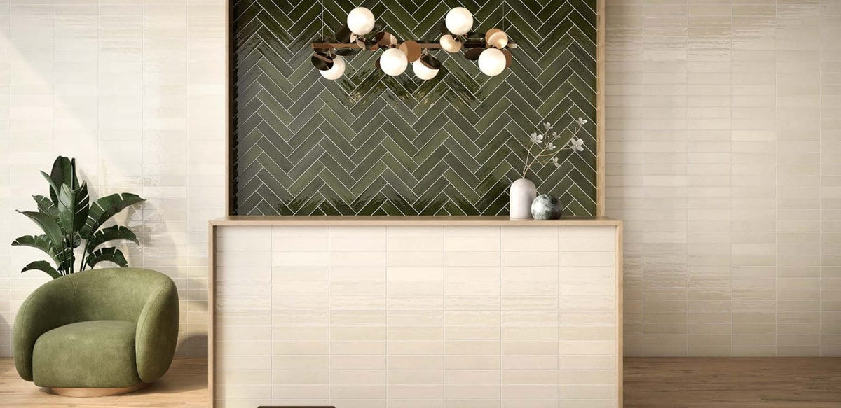 Green and jewel-toned subway tile backsplash