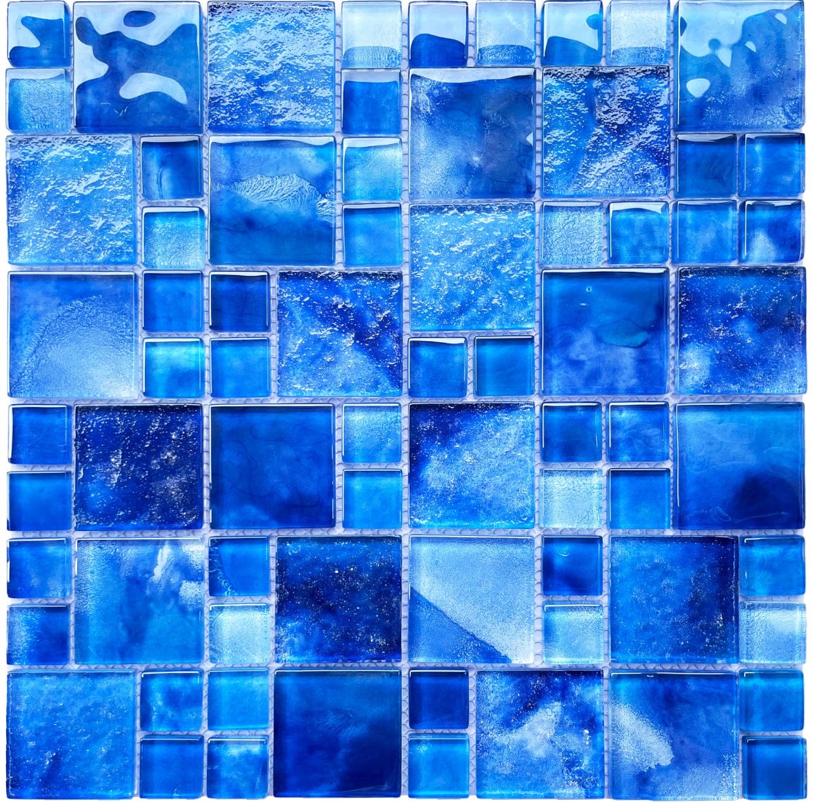 Mosaic pattern of blue glass tiles santorini collection