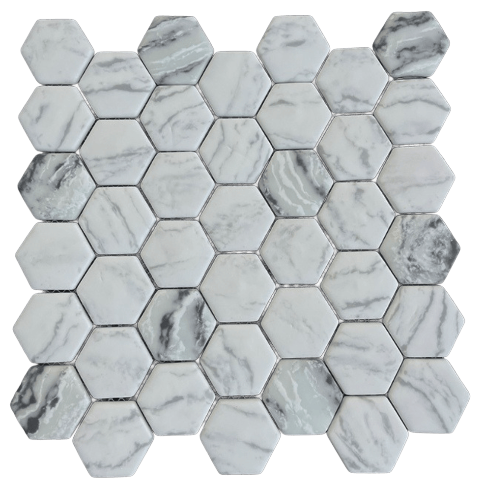 HEX. CARRARA/WHT/DRK GREY Recycled Glass Mosaic Tile - Tiles and Deco