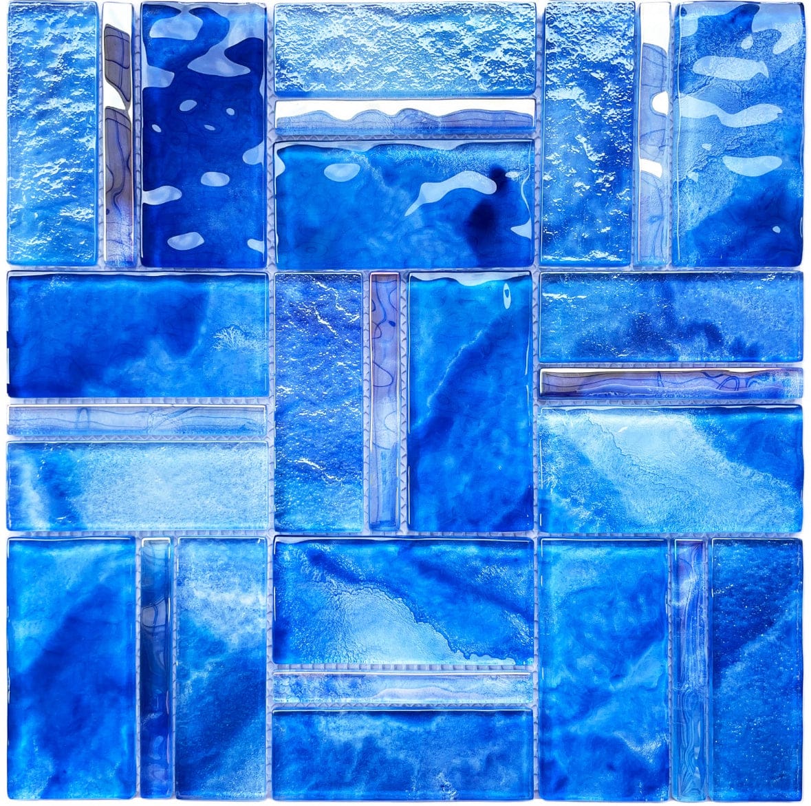 Blue glass mosaic tiles with a grid pattern santorni pool tile