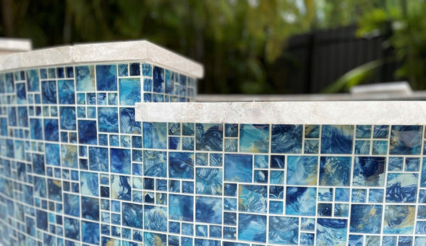 Brush Blue Mix Glass Mosaic Tile - Tiles and Deco