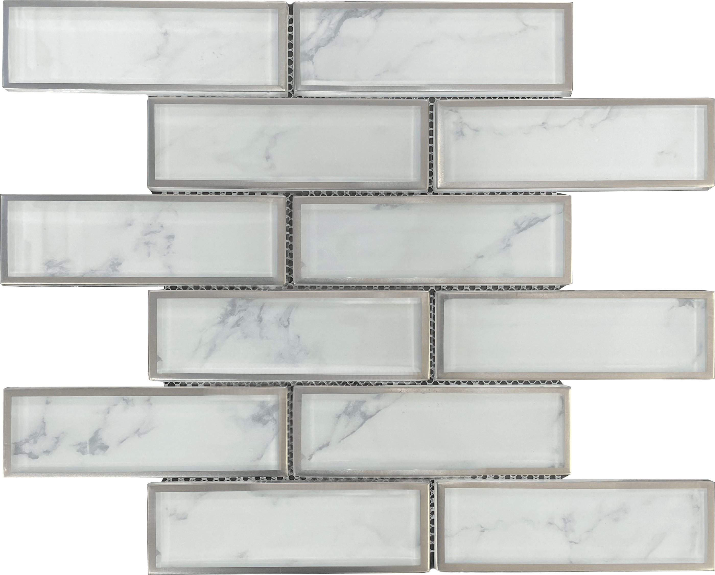 Carrara Bianco 2x6 Metal Tile is composed of Brick Pattern and chips. It is a natural marble Stone Polished. It has a border with Metal to contrast the white color - Tiles and Deco