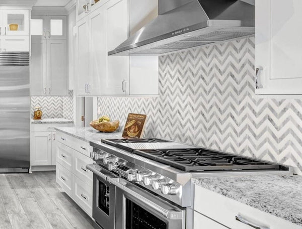 chevron marble tile backsplash