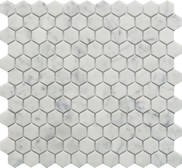 Mosaic Carrara 1x1 Hexagon Marble 12x12 - Tiles and Deco