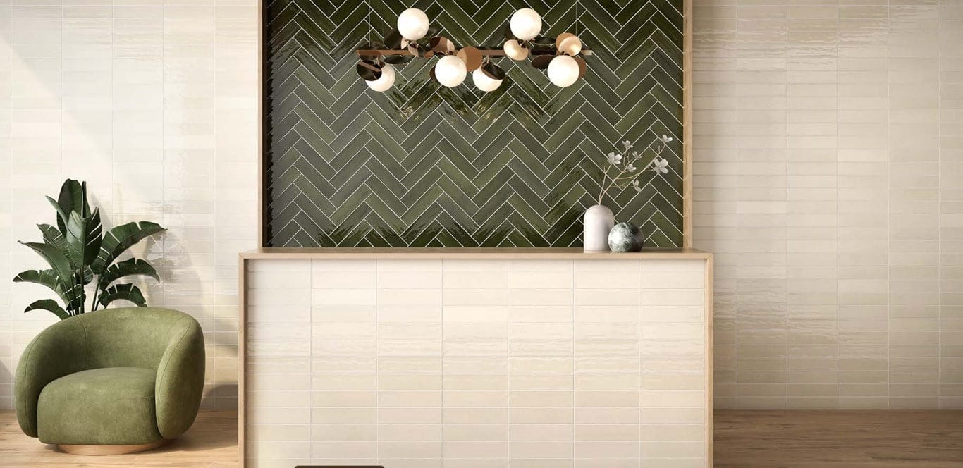 Green and jewel-toned subway tile backsplash