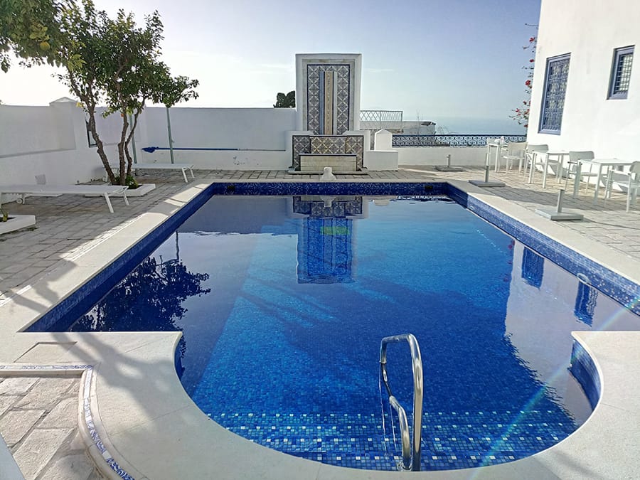 Luxury swimming pool with decorative waterline tile