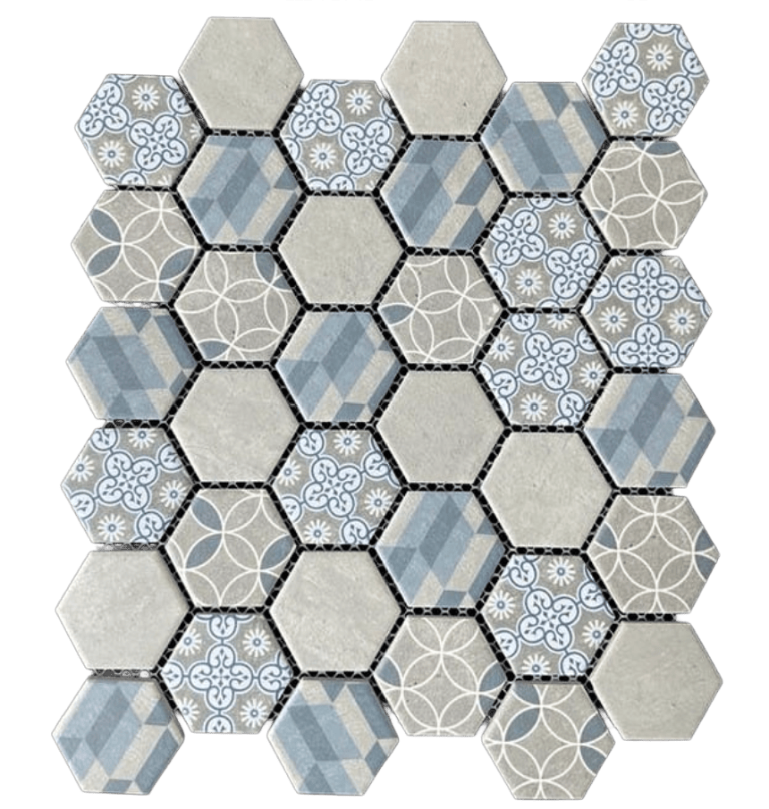 HEX. MATE BLUE/GR PATTERN 2X2 Matte Porcelain Mosaic Tile - Tiles and Deco