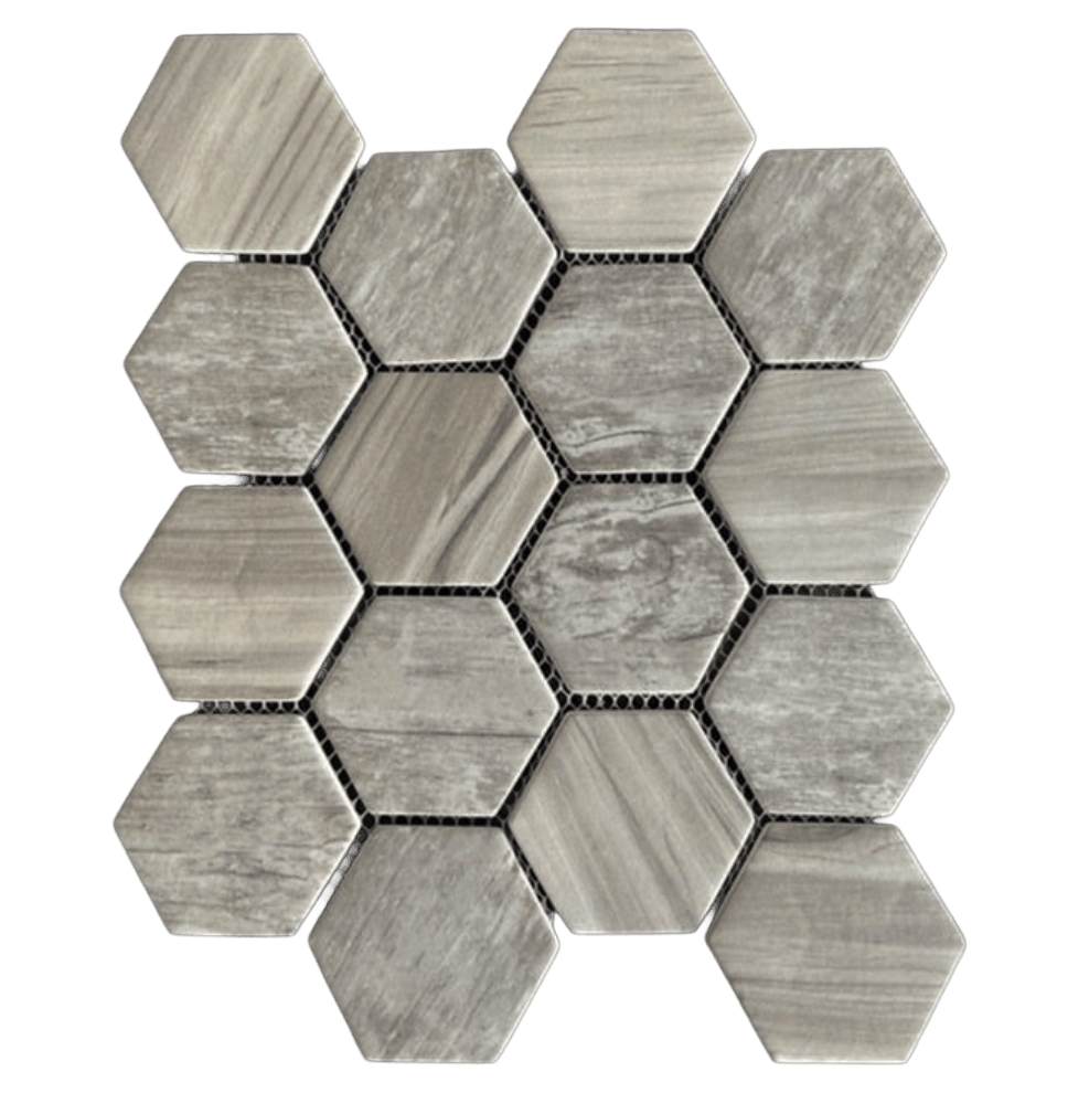WOOD HEX. GREY Recycled Glass Mosaic Tile - Tiles and Deco