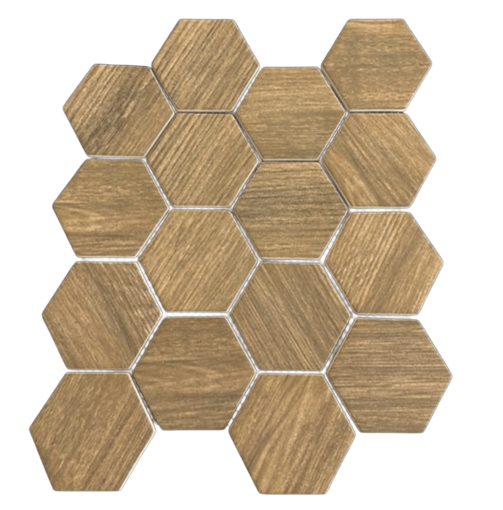 WOOD HEX. BROWN Recycled Glass Mosaic Tile - Tiles and Deco