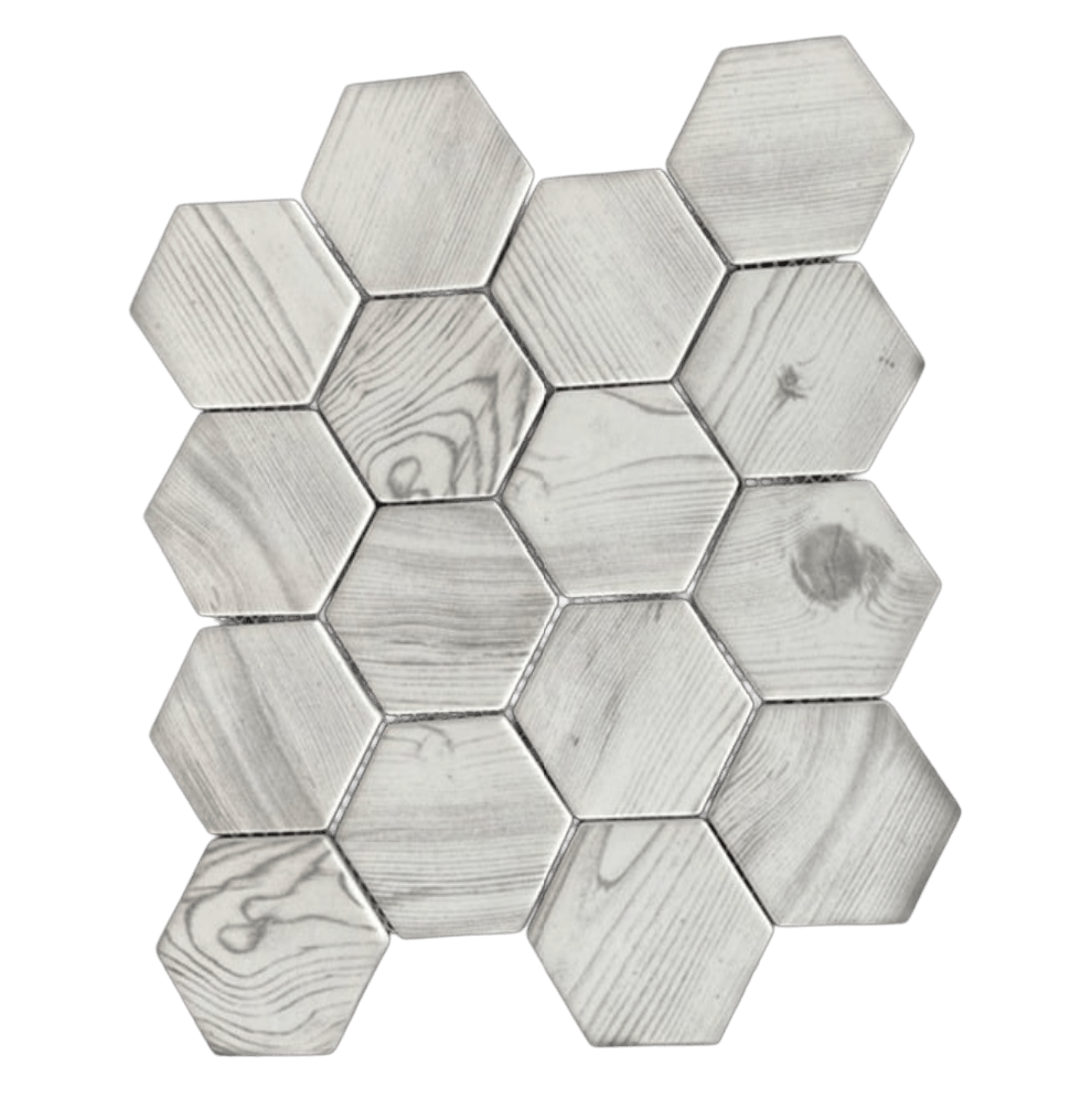 WOOD HEX. LIGHT GREY Recycled Glass Mosaic Tile - Tiles and Deco