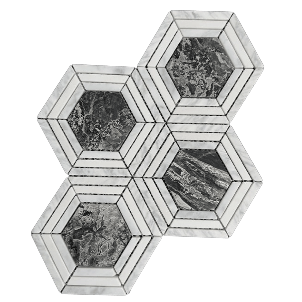 LG. HEXAGON BLACK Marble Mosaic Tile - Tiles and Deco