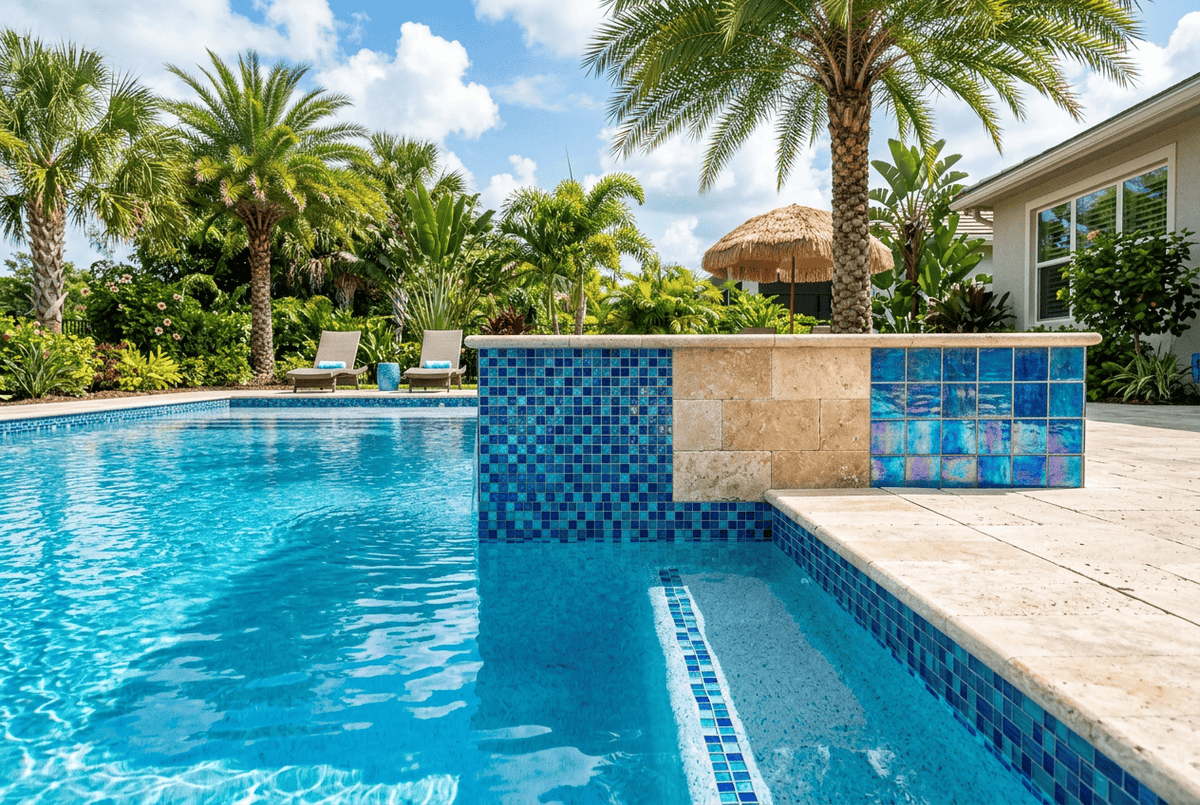 Luxury swimming pool with decorative waterline tile