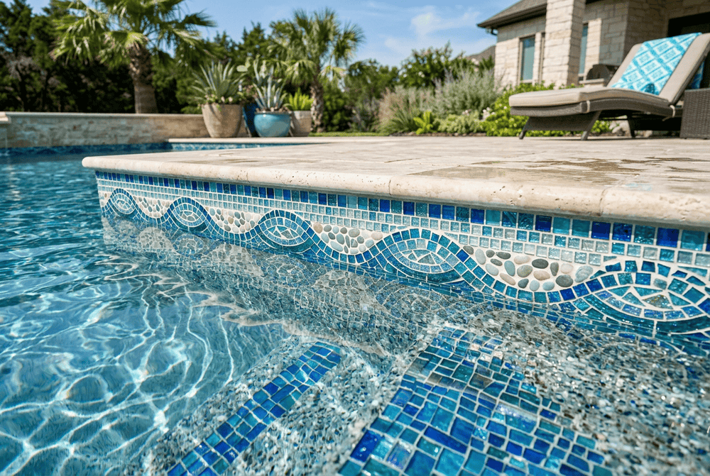 Glass mosaic waterline tiles reflecting sunlight beside pool water