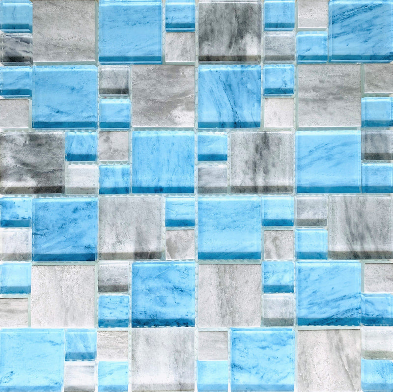 Rock Sky Blue and Grey Mix tile can be used in pools, Spas, Waterlines, Walls, Bathrooms, Showers, and Backsplash. - Tiles and Deco