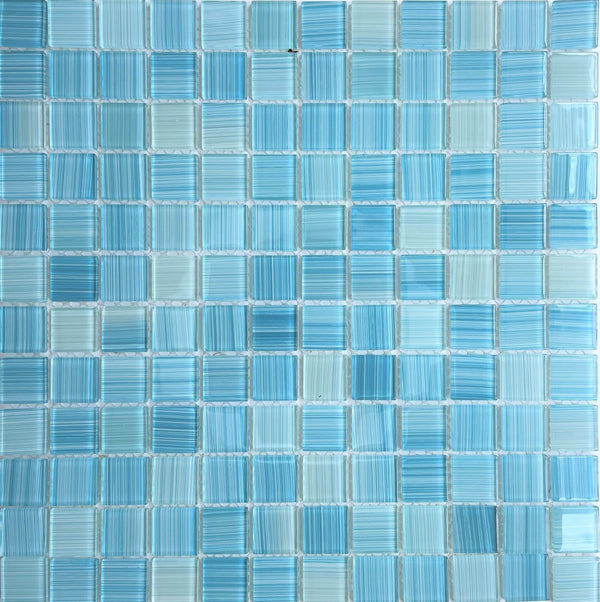 Brush Aquamarine 1x1 Tile is made of glass suitable for swimming pools, shower walls, backsplash, Jacuzzi, and spa - Tiles and Deco