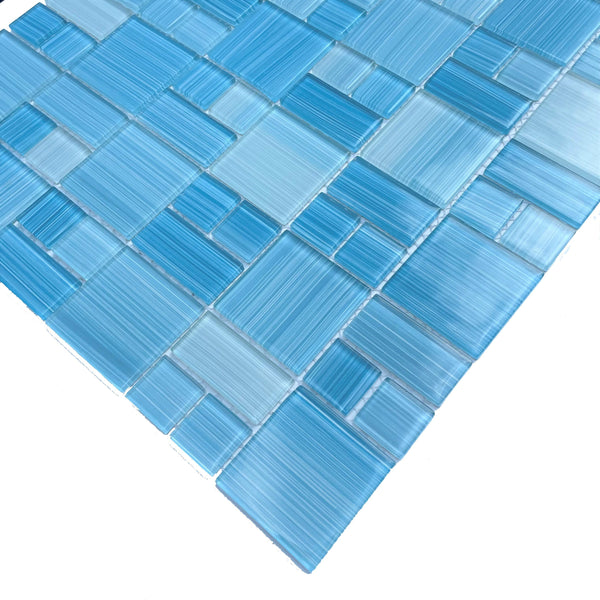 Brush Aquamarine Mix is made of glass suitable for swimming pools, shower walls, backsplash, Jacuzzi, and spa - Tiles and Deco