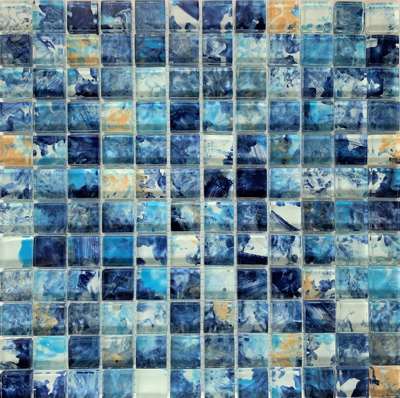Brush Blue 1X1 Glass Mosaic, Pool Tile, It features an ink splash effect that distinguishes this tile. This tile may provide a sense of modernity to your surroundings - Tiles and Deco
