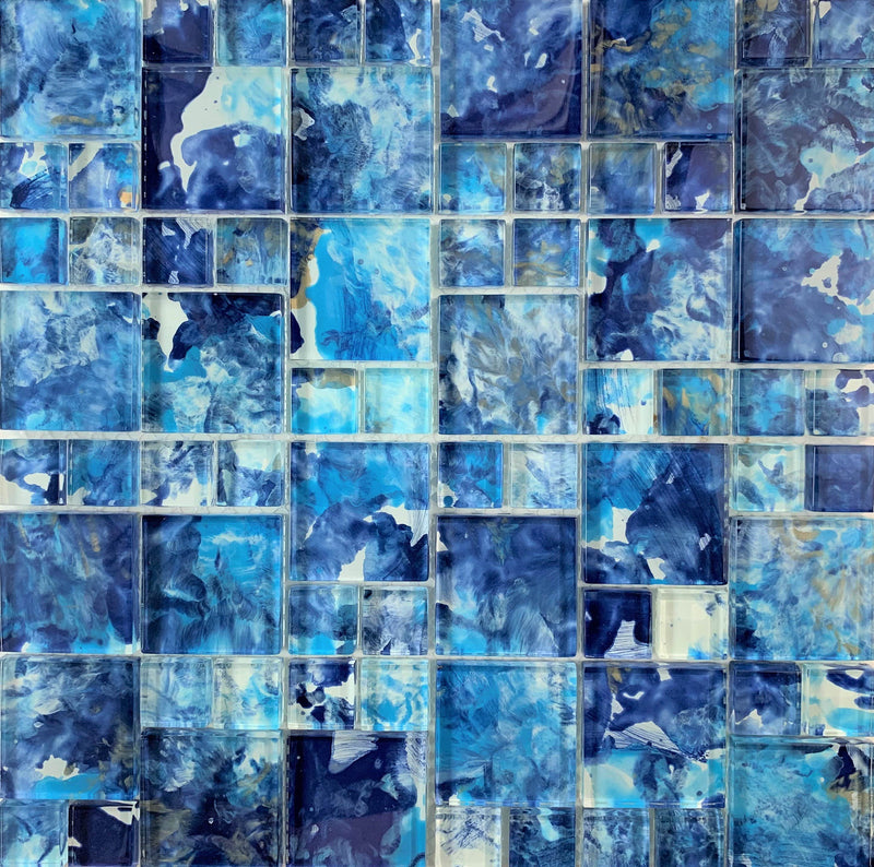 Brush Blue Mix Glass Mosaic  adds a splash of ink to this tile, giving it a one-of-a-kind look. To achieve a smooth surface for a Glass tile, several tones of blue ink are nicely combined - Tiles and Deco