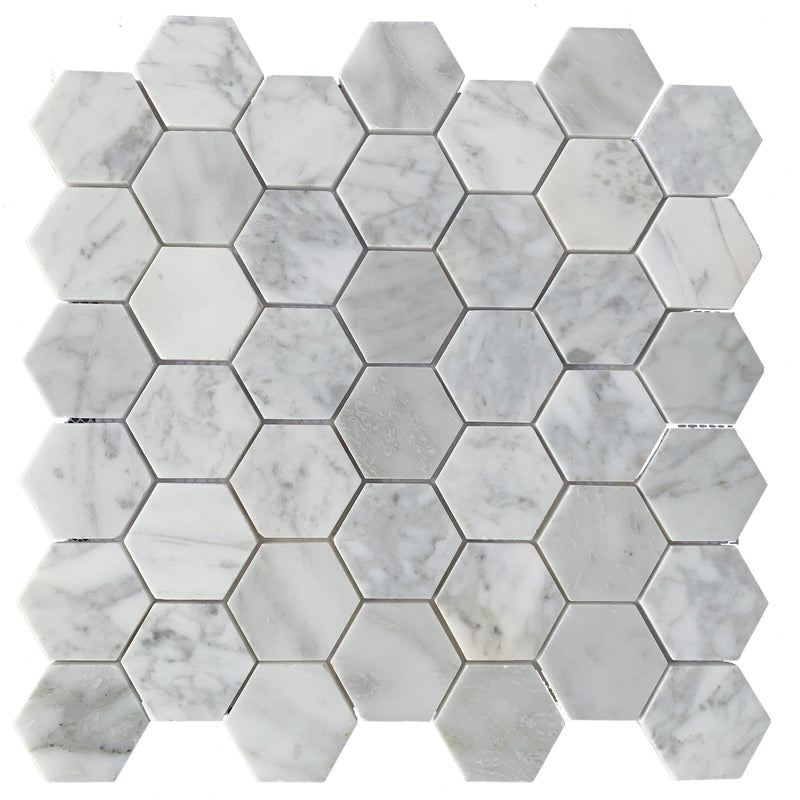 Carrara Hexagon Polished Tile is composed of Random Pattern and Hexagon shapes chips. Its made of natural marble Stone Polished - Tiles and Deco