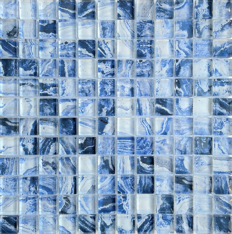 Blue Marble Glass Tile 1x1 is an Exquisite Tile made of glass suitable for swimming pool, shower walls, backsplash, Jacuzzi, and spa - Tiles and Deco