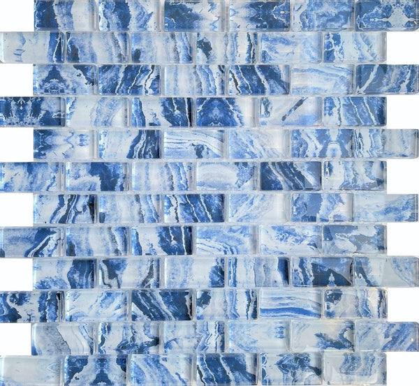 Blue Marble Glass Tile 1x2 is an Exquisite Tile made of glass suitable for swimming pool, shower walls, backsplash, Jacuzzi, and spa - Tiles and Deco