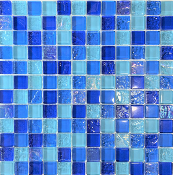 Caribbean 1X1 Glass tile is a Perfect mix of Tropical Blues mixed with different patterns to create different patterns - Tiles and Deco